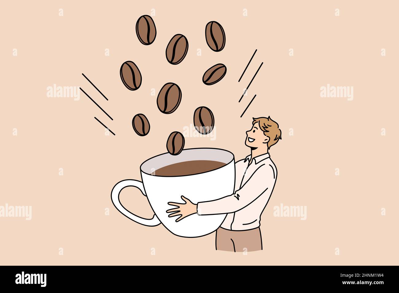 Energy Coffee Drink Frühstück Konzept. Junge lächelnde Mann Cartoon-Figur stehend Kommissionierung riesige Kaffeebohnen zu Tasse Vektor-Illustration Stockfoto