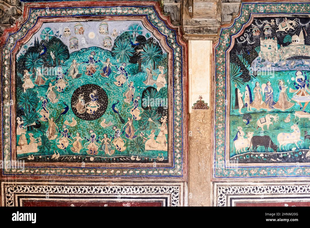 Indien Rajasthan Bundi. Dekorationen und Gemälde im Taragarh Fort Stockfoto