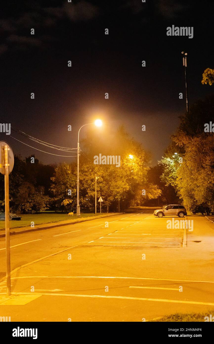 Städtische Laterne beleuchtete Straße und Parkplatz Stockfoto