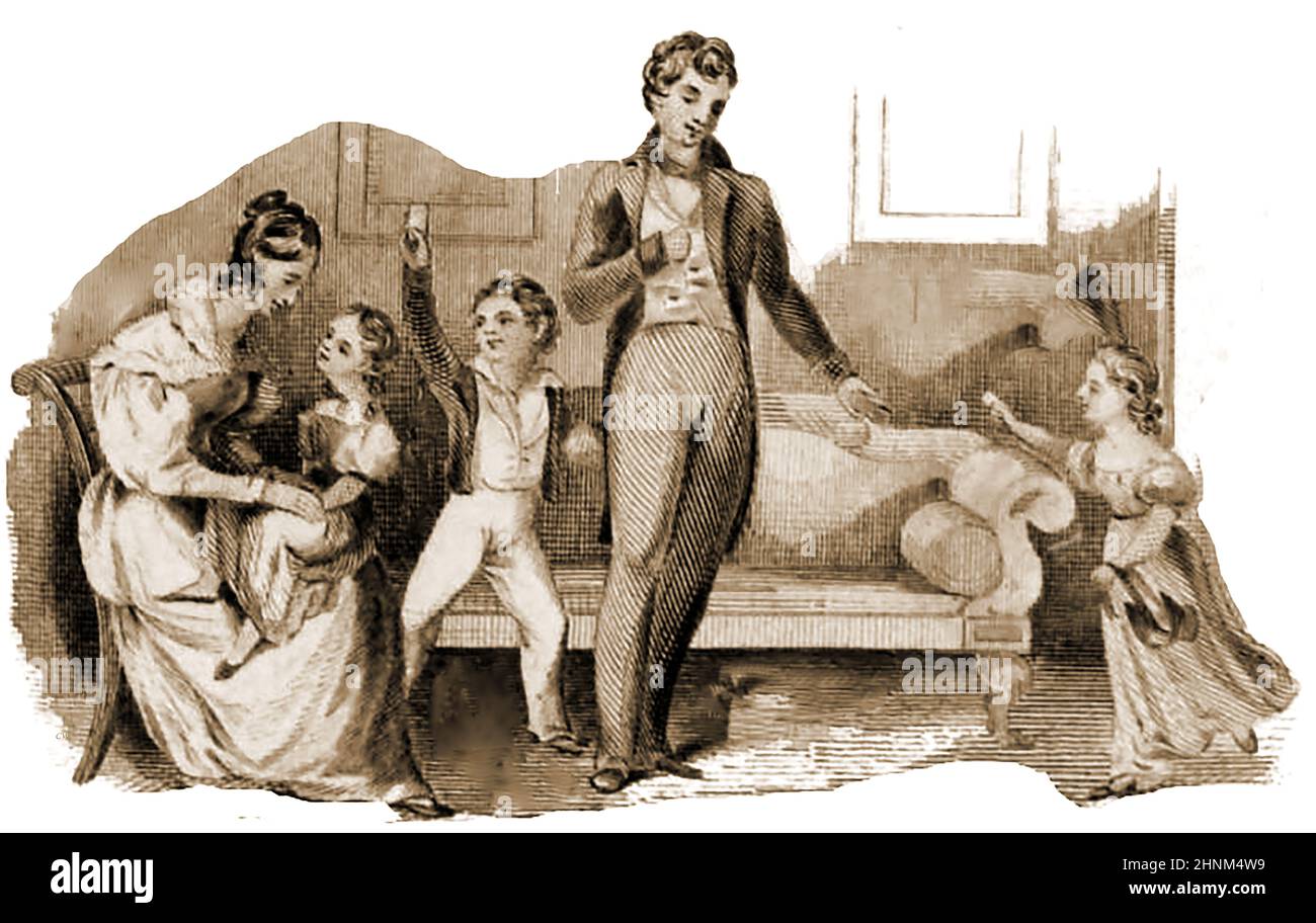 Ein alter Stich aus dem 18th. Jahrhundert, der eine heimische Szene in einem wohlhabenden britischen Haus zeigt. Ärmere Menschen hätten einen ganz anderen Lebensstil gelebt. Stockfoto