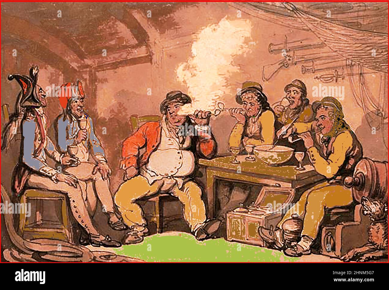 Farbige Illustration aus dem 18th. Jahrhundert mit französischen Gefangenen an Bord eines Briten (Kaufmann?) Schiff wird gut behandelt, wahrscheinlich zu Propagandazwecken Stockfoto
