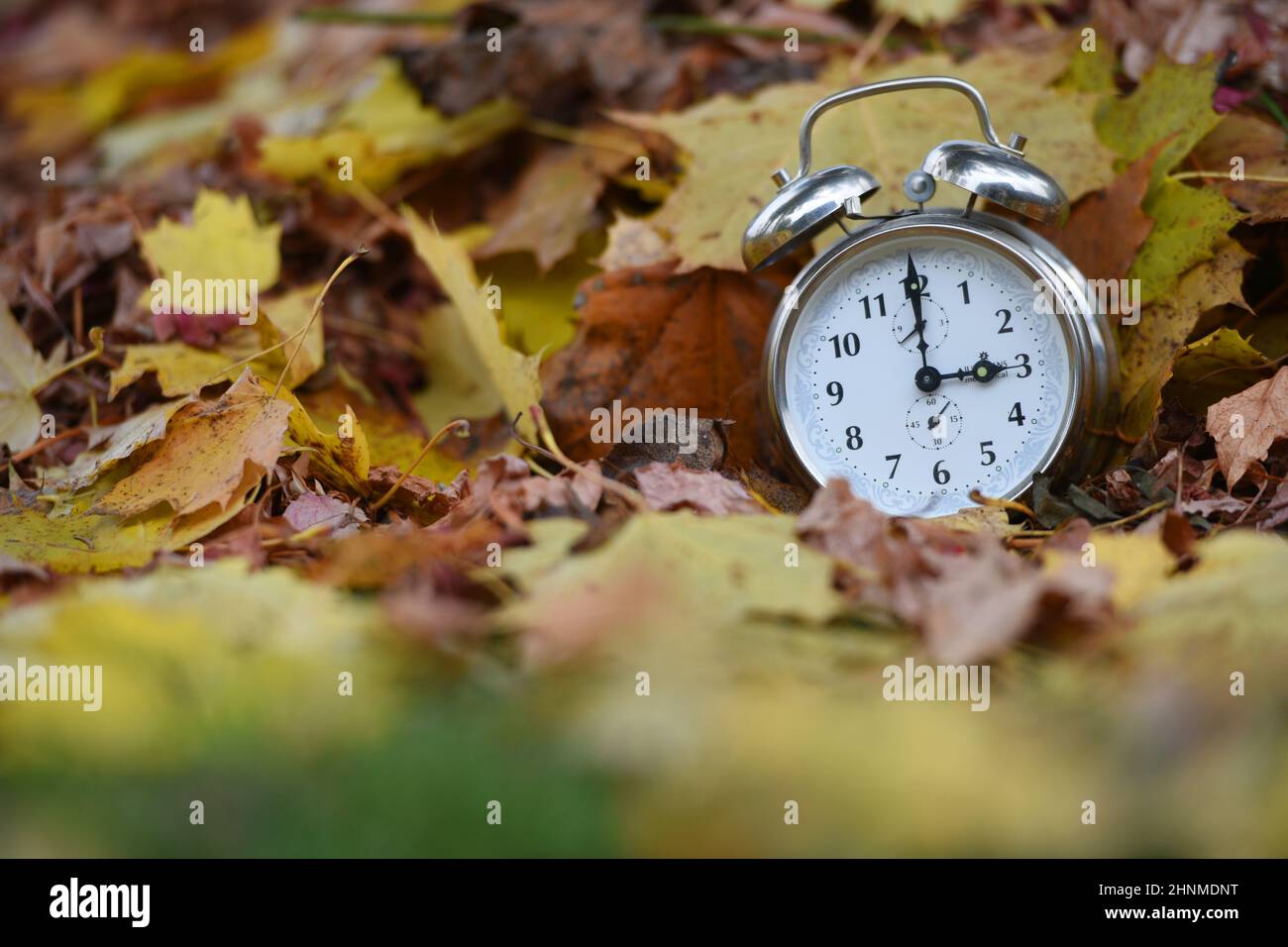 Zeitumstellung von Sommerzeit auf Winterzeit im Herbst, Wecker im Laub - Zeitumstellung von Sommer- auf Winterzeit im Herbst, Wecker in den Blättern Stockfoto