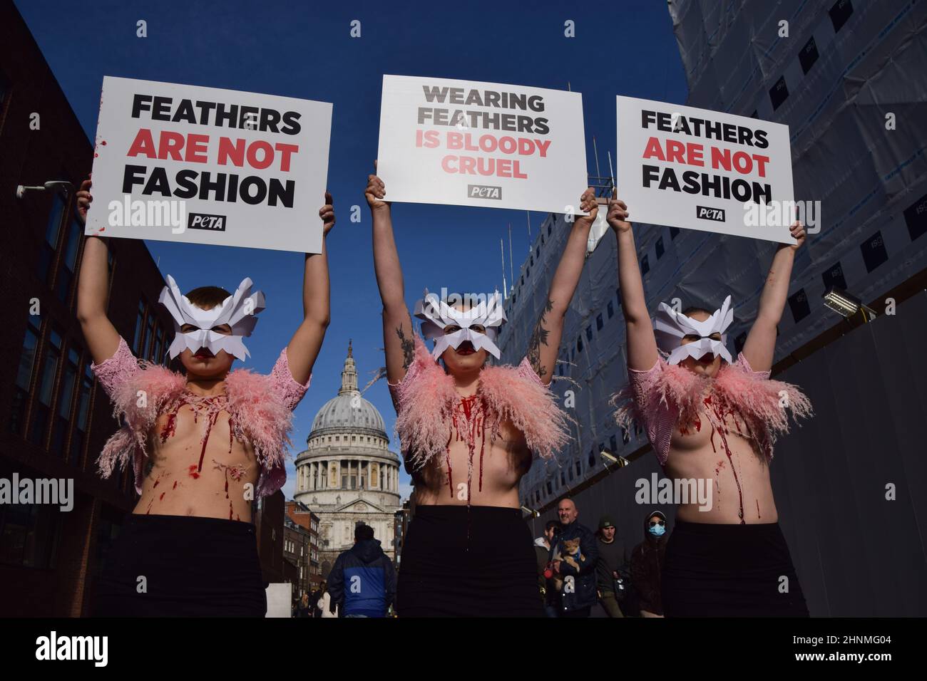 London, Großbritannien. 17th. Februar 2022. PETA-Aktivisten mit Vogelmasken und freigelegten „blutigen und gerupften“ Truhen inszenierten auf der Millennium Bridge einen „Laufsteg“, um gegen den Einsatz von Vogelfedern in Kleidungsstücken und Accessoires auf der London Fashion Week zu protestieren. Kredit: Vuk Valcic/Alamy Live Nachrichten Stockfoto