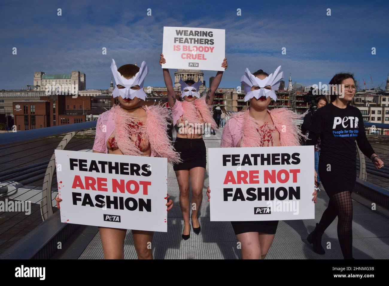 London, Großbritannien. 17th. Februar 2022. PETA-Aktivisten mit Vogelmasken und freigelegten „blutigen und gerupften“ Truhen inszenierten auf der Millennium Bridge einen „Laufsteg“, um gegen den Einsatz von Vogelfedern in Kleidungsstücken und Accessoires auf der London Fashion Week zu protestieren. Kredit: Vuk Valcic/Alamy Live Nachrichten Stockfoto