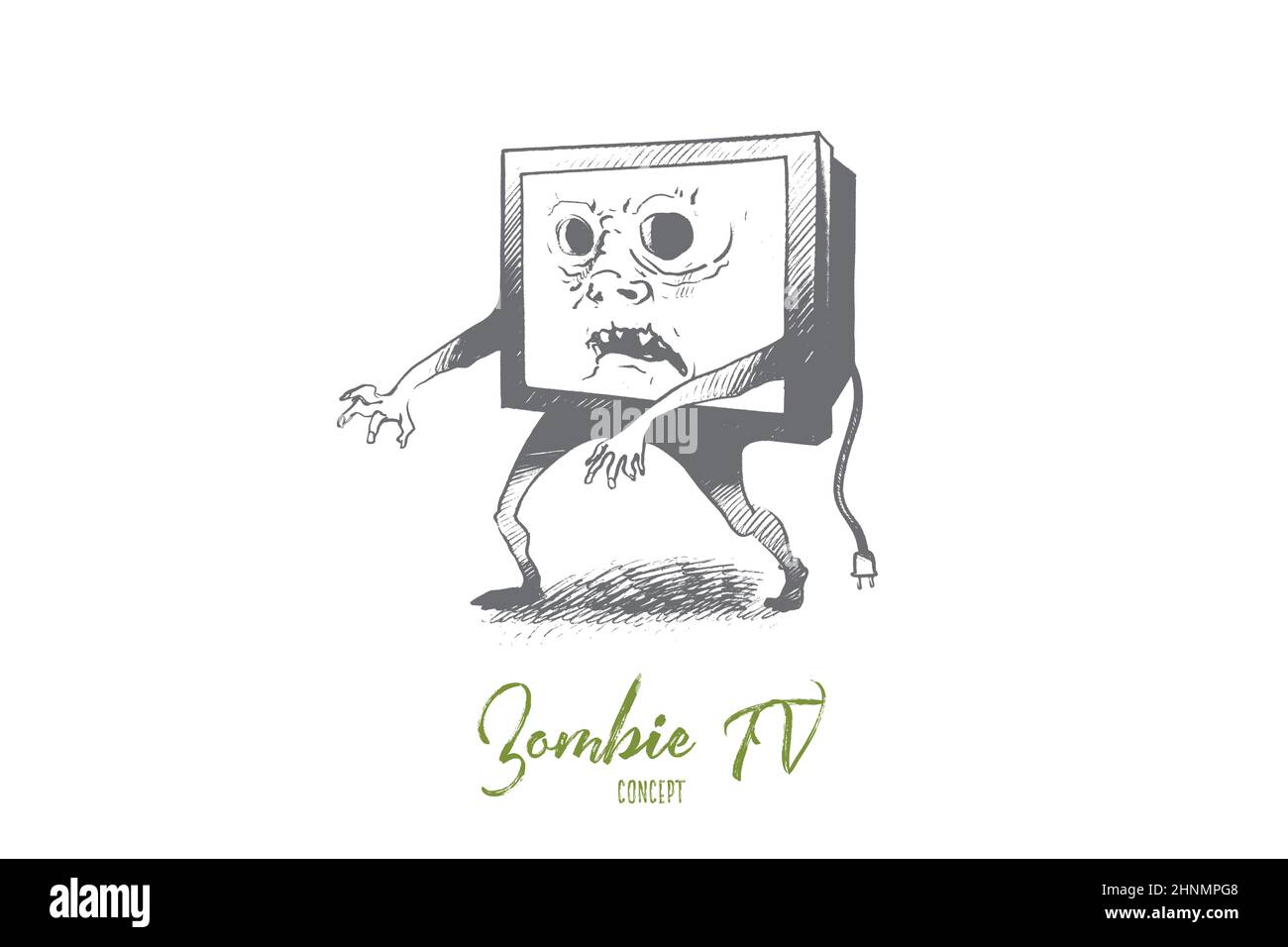 Zombie-TV-Konzept. Handgezeichnete Medien Zombie Person mit tv-Set statt Kopf. Mann mit Fernsehkopf isoliert Vektor-Illustration. Stockfoto