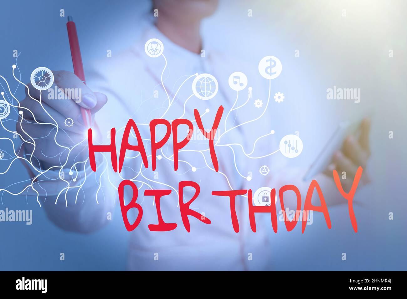 Konzeptunterschrift Happy Birthday, Geschäftskonzept der Geburtstag einer Person wird mit Geschenken Lady in Uniform Stehen und Halten gefeiert Stockfoto