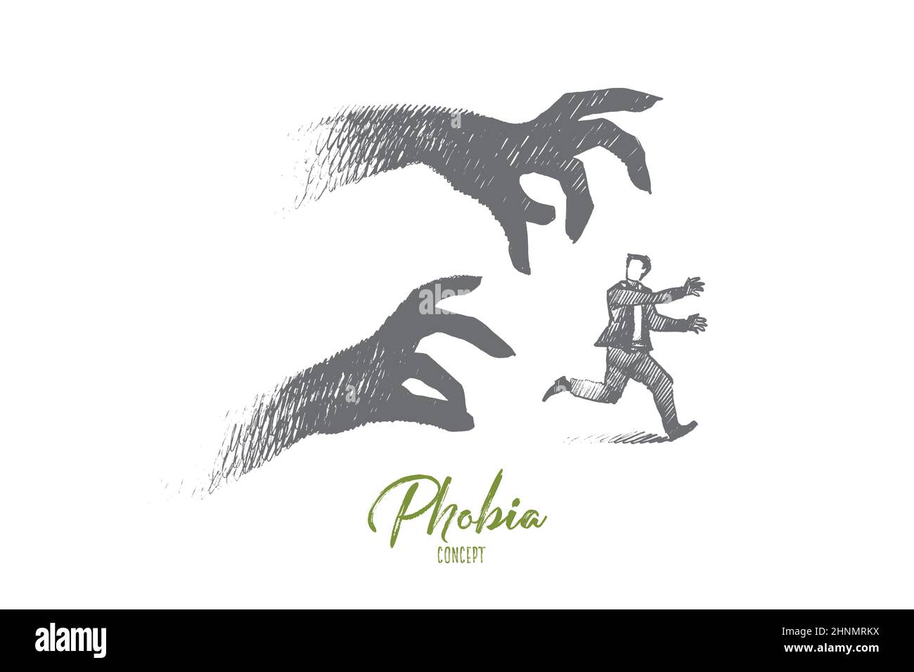 Phobie-Konzept. Von Hand gezeichnete verängstigte Person, umgeben von Geist. Mann läuft aus seiner Angst isoliert Vektor-Illustration. Stockfoto