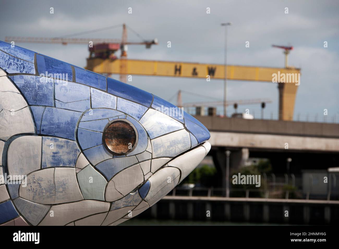 Lachs of Knowledge Big Fish Donegall Quay in Belfast mit Harland Wolff Kran Stockfoto