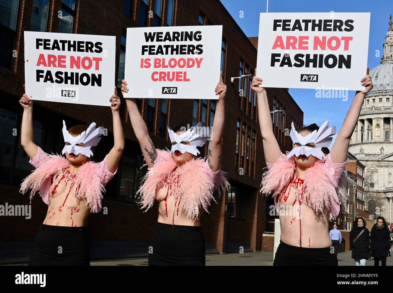 London, Großbritannien. PETA-Aktivisten mit Vogelmasken und mit „blutigen und gerupften Truhen“ protestierten bei der London Fashion Week, Millenium Bridge, London, gegen den Einsatz von Federn. Stockfoto