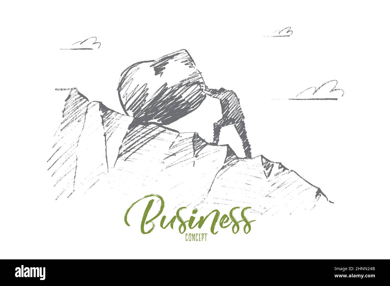 Vektorgrafik handgezeichnete Skizze des Geschäftskonzepts. Bisinessman rollt riesigen Felsbrocken den Hügel hinauf. Schriftzug Business Concept Stockfoto