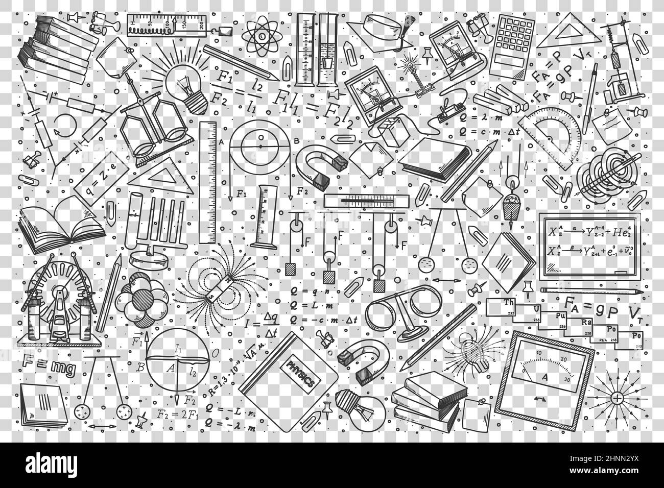 Physik-Doodle-Set. Sammlung von handgezeichneten Skizzen Vorlagen Zeichnung Muster der physikalischen Gesetze Formeln und euipment Tools für Tests. Zurück zum schoo Stockfoto