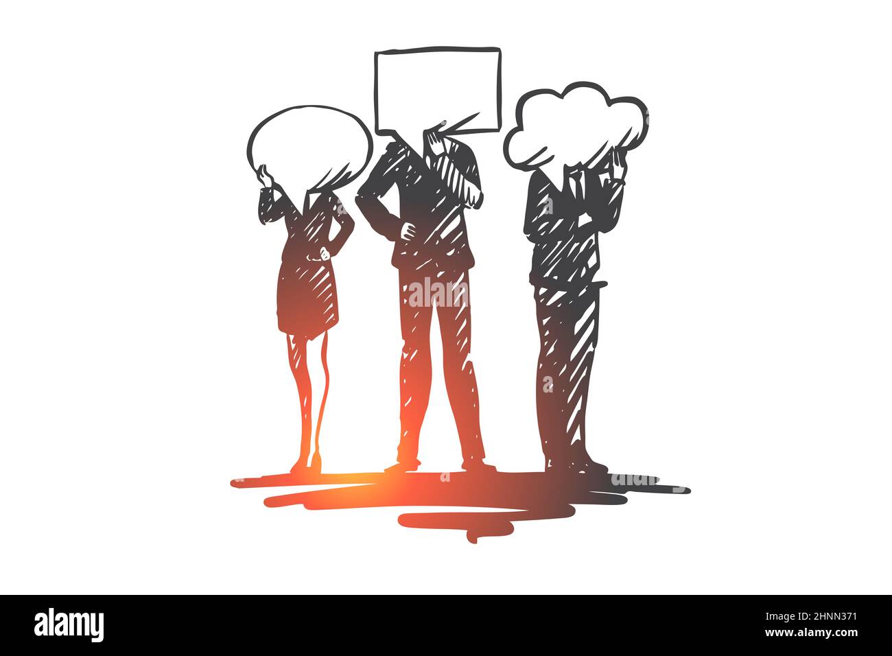 Menschen, Kommunikation, Gespräch, Diskussion, Nachrichtenkonzept. Handgezeichnete Personen und Symbole der Gesprächskonzeptskizze. Isolierte Vektordarstellung. Stockfoto