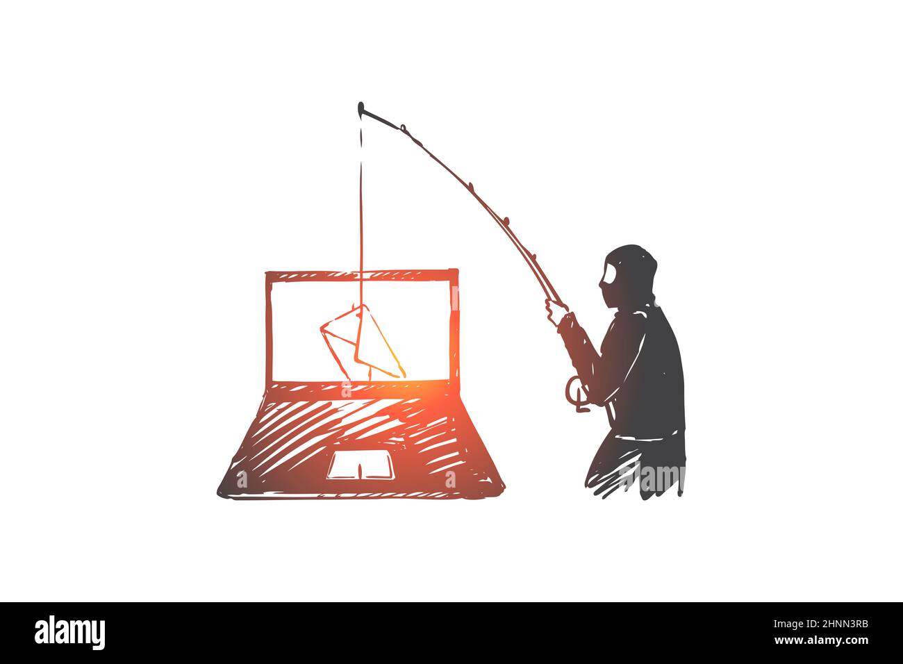 DLP, Spionage, Virus, Penetration, Gefahren Konzept. Hand gezeichnete Hacker hackt Laptop und stiehlt Informationen Konzept Skizze. Isolierte Vektordarstellung Stockfoto