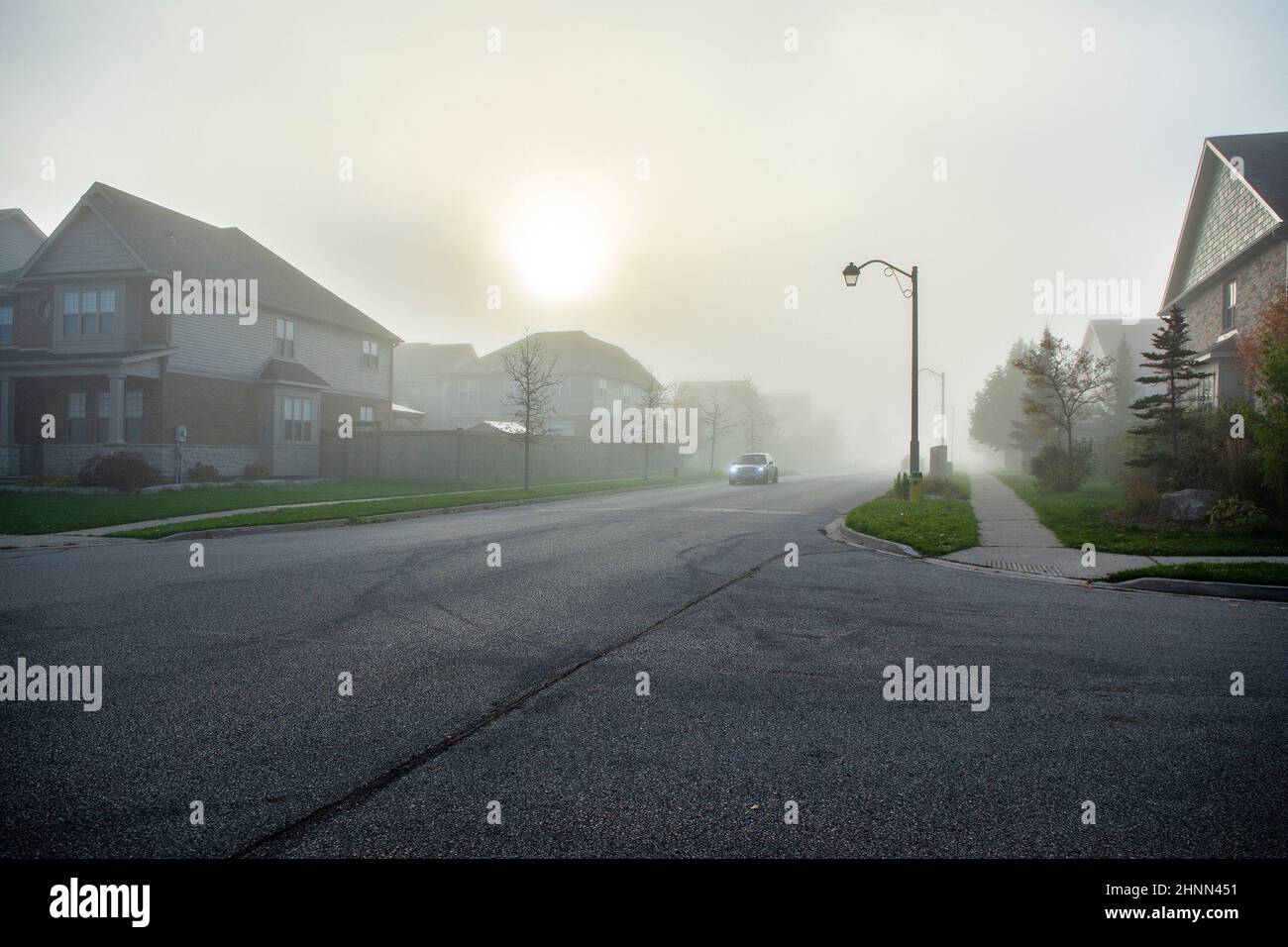 Morgenstraße im Herbst Nebel im Nebel Stockfoto