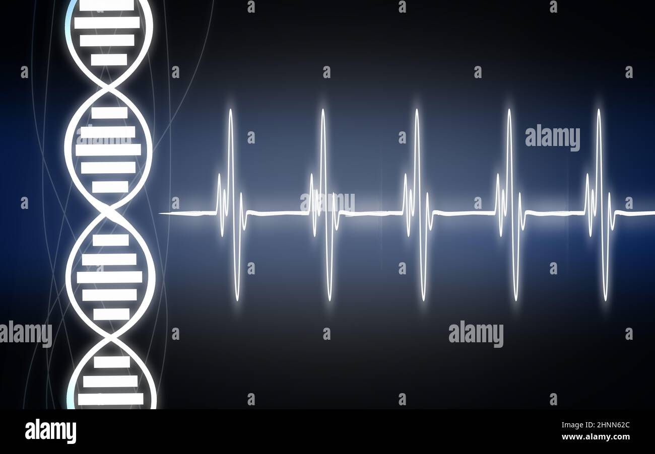 Herzschlagkardiogramm mit DNA-Strang, 3D-Rendering Stockfoto