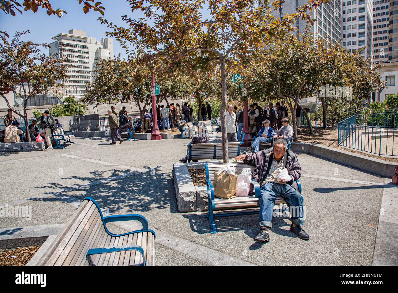 Die Hinesen ruhen mittags in einem Park in Chinatown, San Francisco. Chinatown in San Francisco ist das größte Chinatown außerhalb Asiens Stockfoto