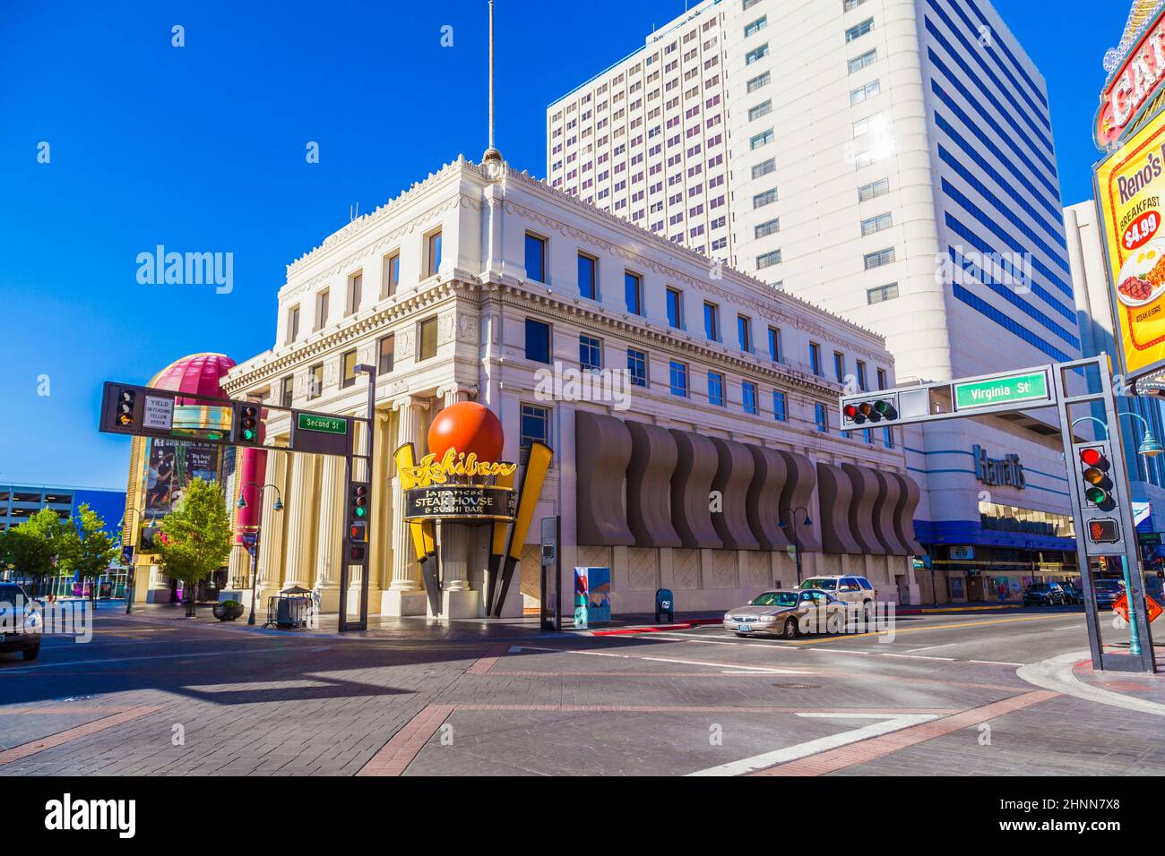 Fassade des Harrahs Casinos in Reno Stockfoto