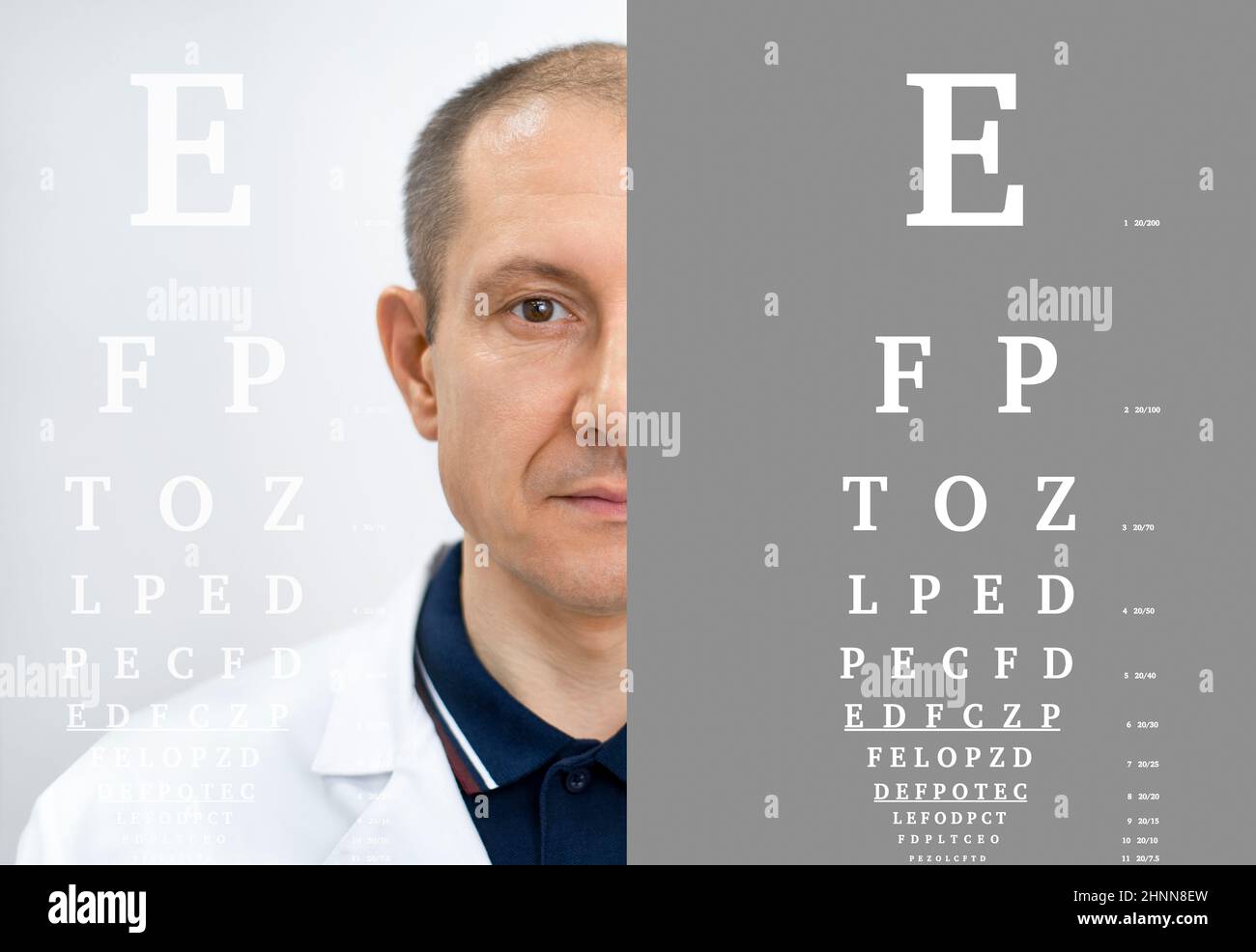 Doktor der Augenheilkunde. Ein männliches Porträt ist zur Hälfte von einem Tisch bedeckt, um die Wachsamkeit des Sehens zu testen. Stockfoto