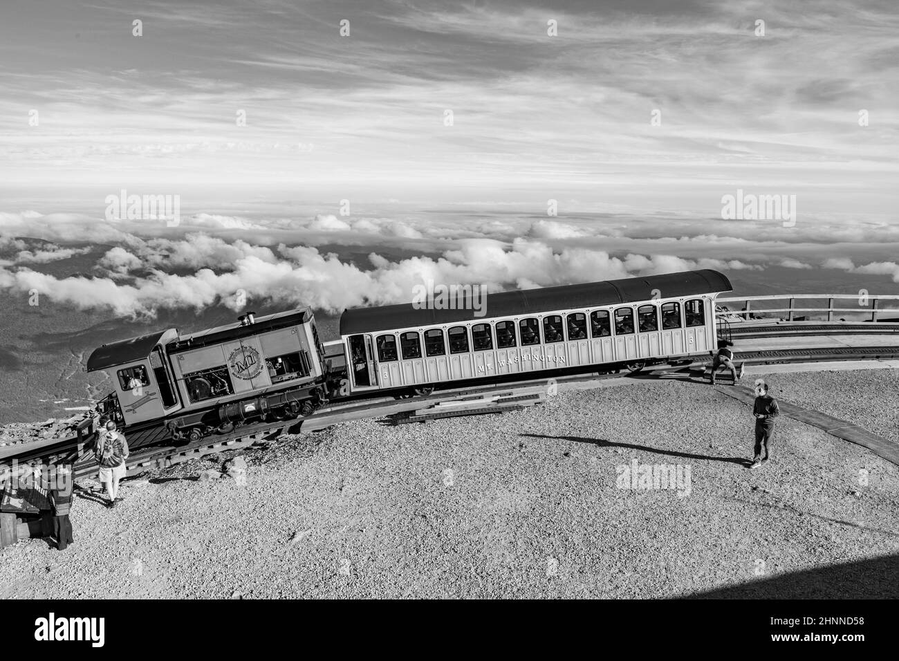 Mount Washington Cog Railroad auf dem Gipfel des Mount Washington Stockfoto