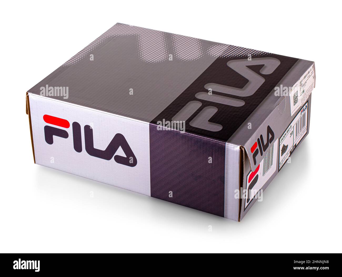 Box Fila Schuh isoliert auf weißem Hintergrund, ist Fila eine der berühmtesten Marken der Welt Stockfoto
