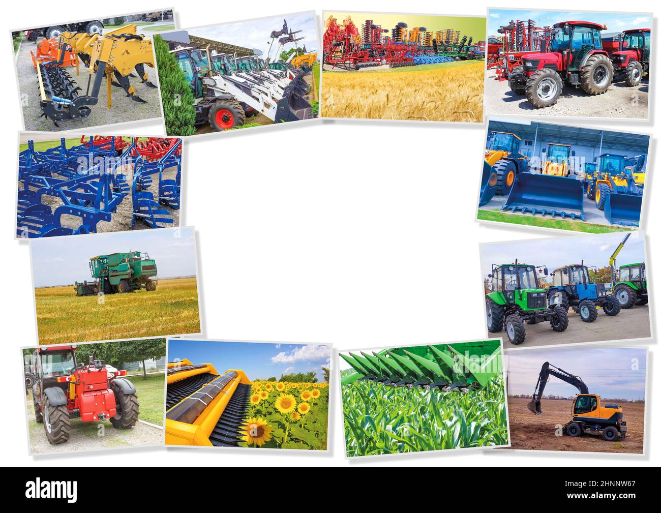 Collage über Bauernhof, Landwirtschaft, Landwirtschaft. Konzept der Betriebsmittelbereitschaft für landwirtschaftliche Arbeiten - für die Aussaat und Ernte von Weizen Stockfoto