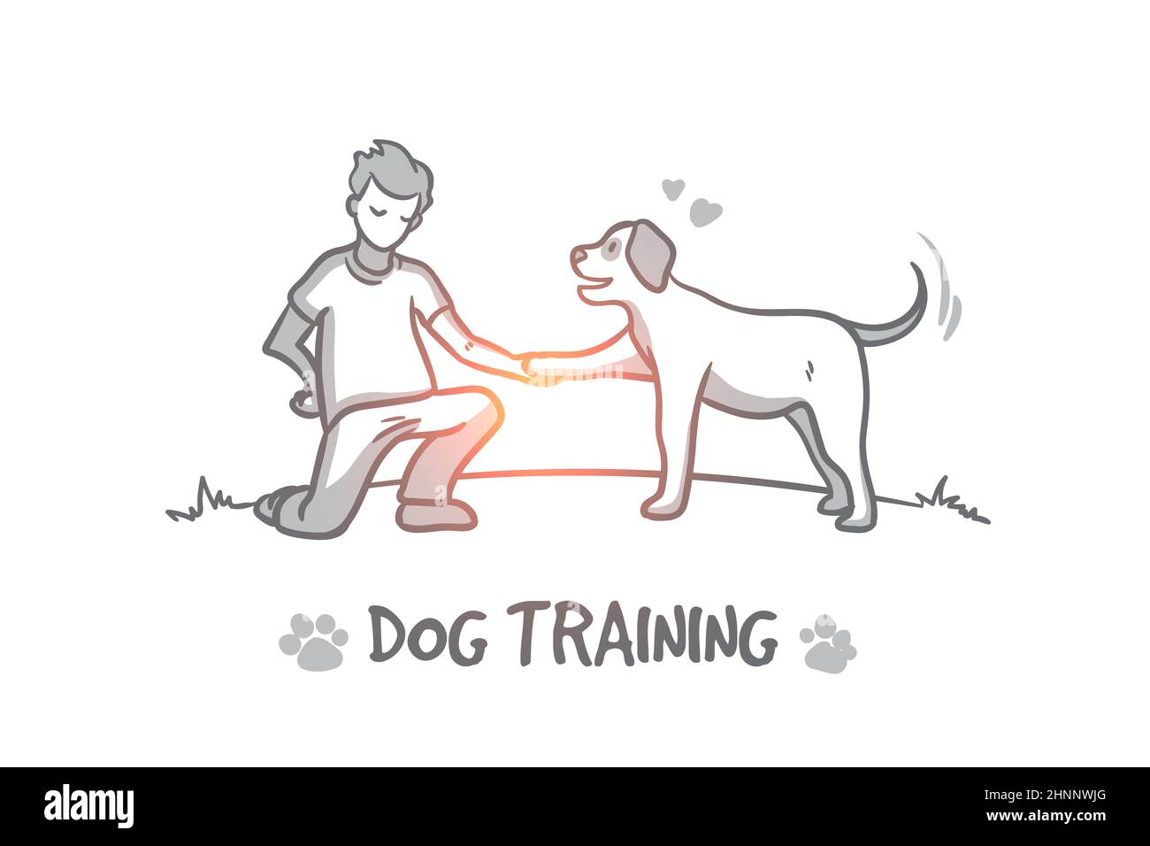 Hundeschulungskonzept. Von Hand gezogener Outdoor-Hundeschulungsprozess. Instructor für Tiere isoliert Vektor Illustration. Stockfoto