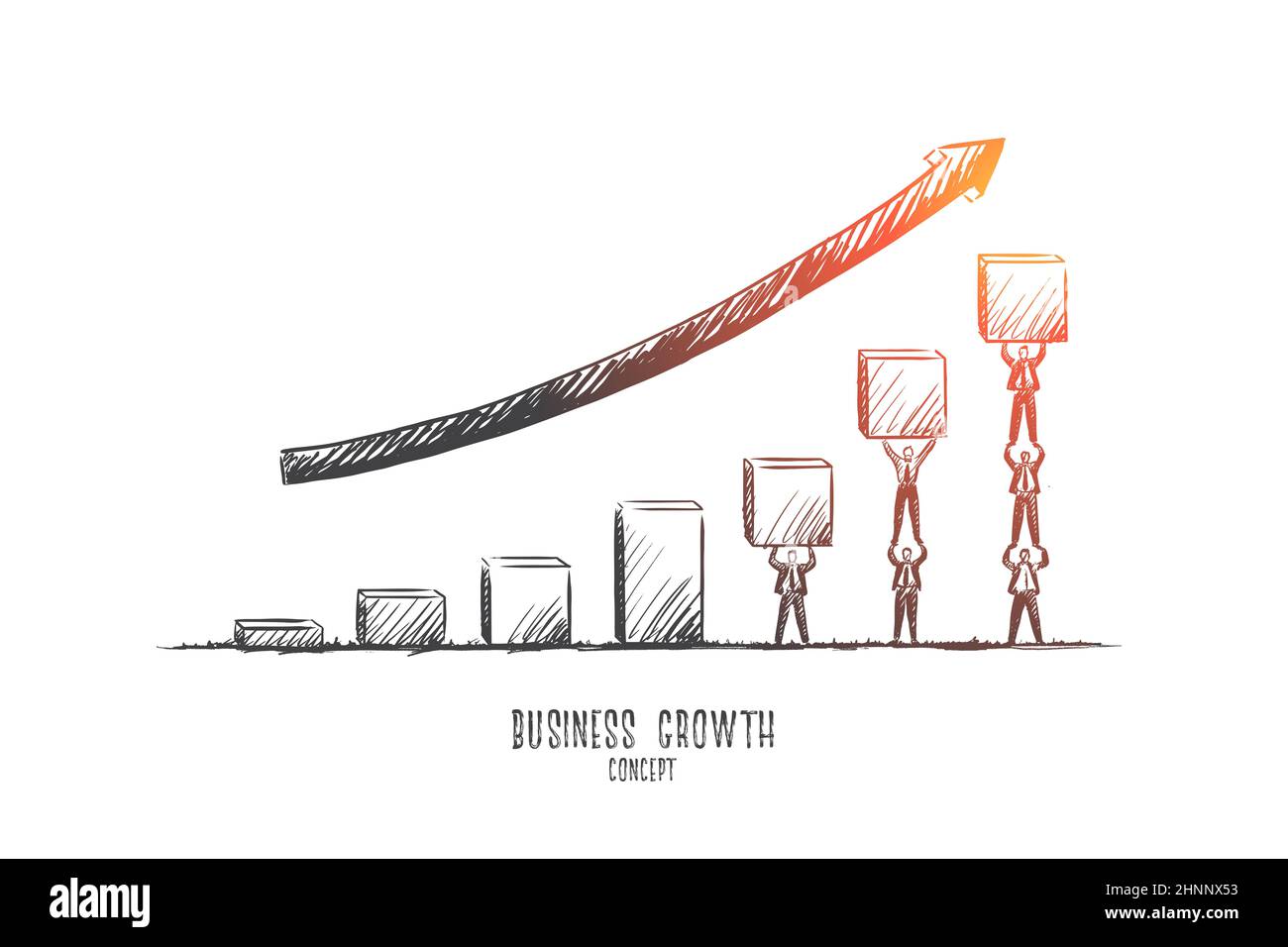 Geschäftswachstumskonzept. Handgezeichnete Leute, die Geschäfte machten, wuchsen auf. Success Graph isolierte Vektordarstellung. Stockfoto