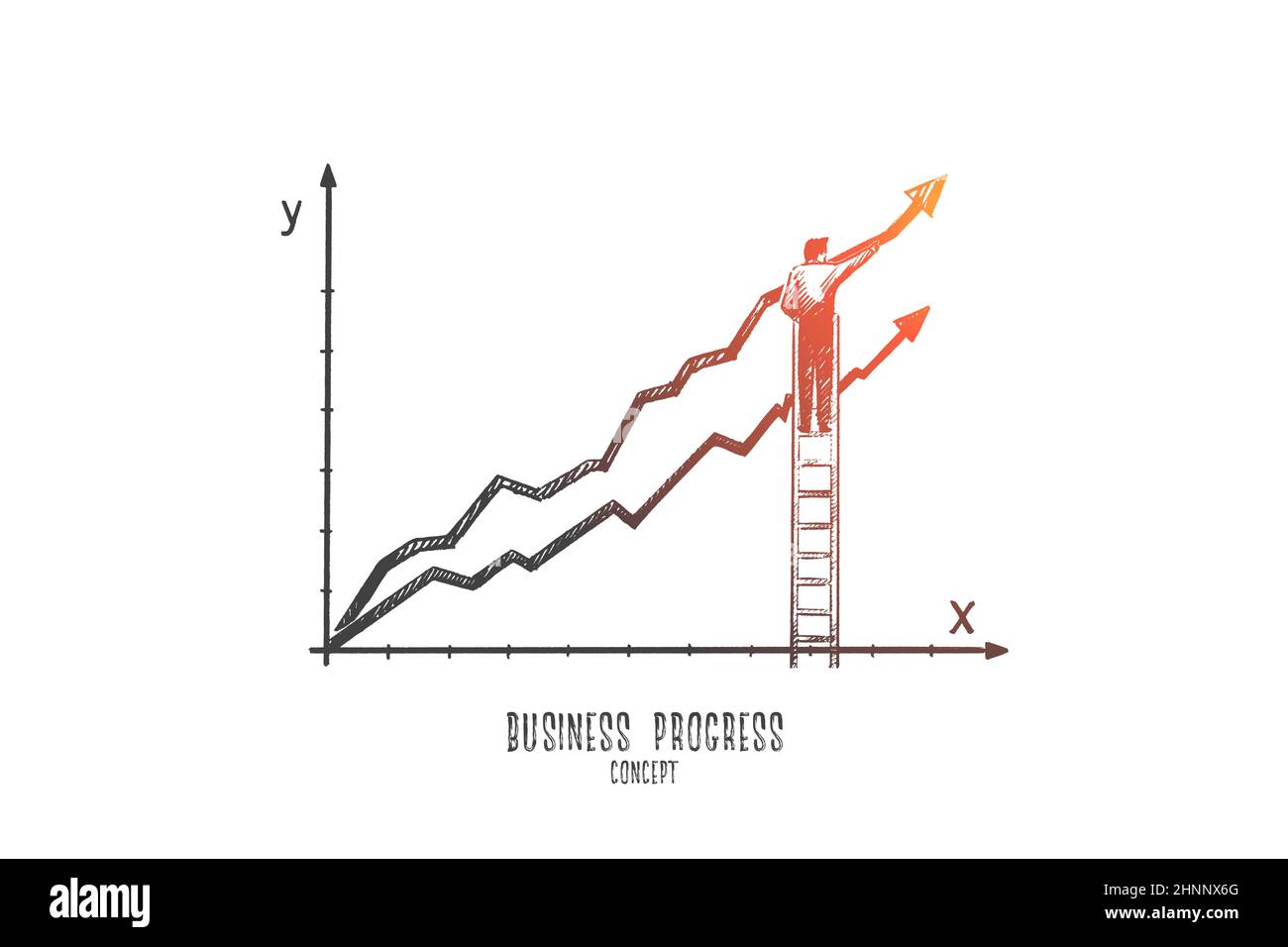 Business-Progress-Konzept. Handgezeichnete Geschäftsleute, die einen Zeitplan erstellen, wuchsen auf. Achse x und y und wachsender Zeitplan isolierte Vektordarstellung. Stockfoto