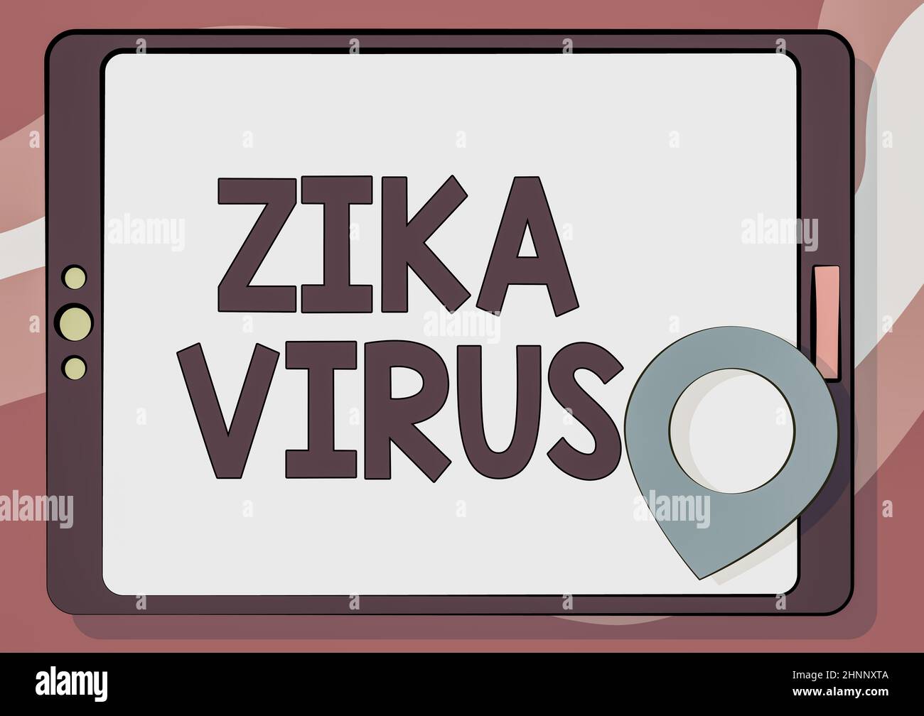 Text mit Inspiration Zika Virus. Geschäftsidee, die durch ein Virus verursacht wird, das hauptsächlich von Aedes Moskitos Computer Tablet Drawing mit Clear Touch Screen und Location Pin übertragen wird. Stockfoto