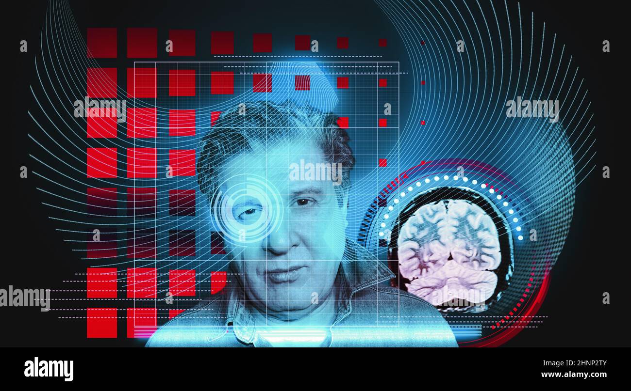 Konzept der künstlichen Intelligenz. Kopf, Gesicht mit kybernetischem digitalem Gehirn, neuronale Netzverbindung zur virtuellen Schnittstelle. Stockfoto