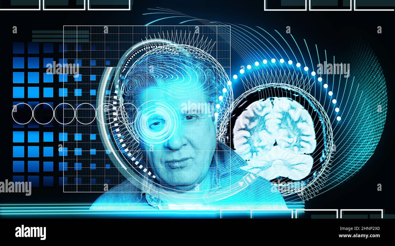 Konzept der künstlichen Intelligenz. Kopf, Gesicht mit kybernetischem digitalem Gehirn, neuronale Netzverbindung zur virtuellen Schnittstelle. Stockfoto