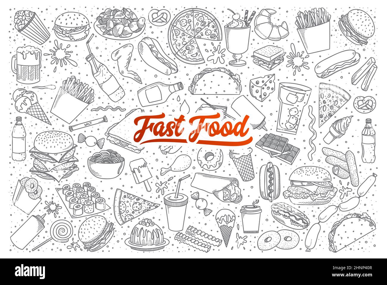 Handgezeichneter Satz Fast-Food-Kritzeleien mit Schriftzug in Stockfoto