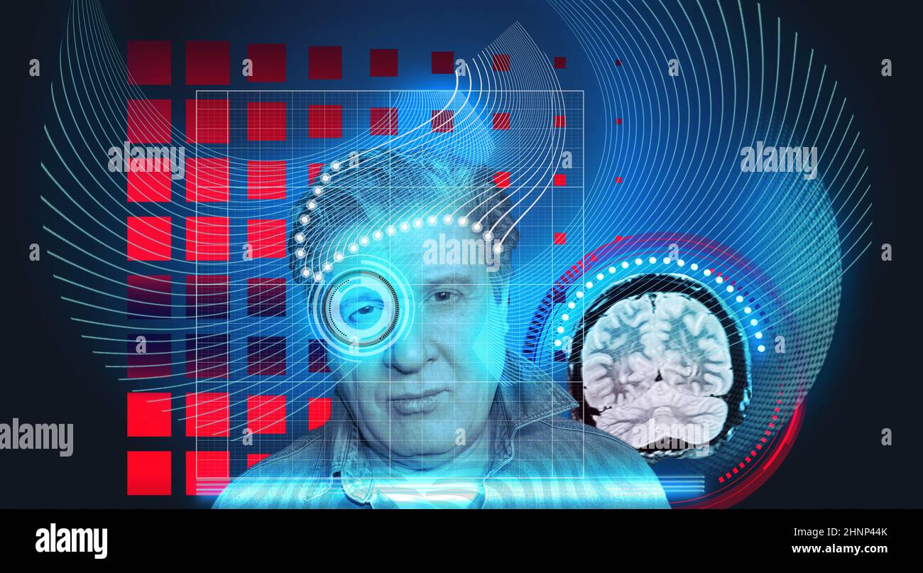 Konzept der künstlichen Intelligenz. Kopf, Gesicht mit kybernetischem digitalem Gehirn, neuronale Netzverbindung zur virtuellen Schnittstelle. Stockfoto