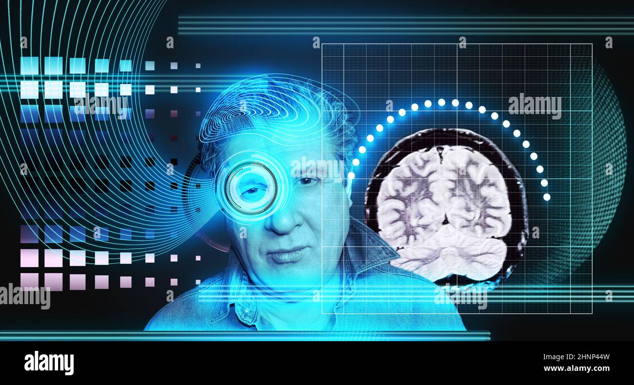 Konzept der künstlichen Intelligenz. Kopf, Gesicht mit kybernetischem digitalem Gehirn, neuronale Netzverbindung zur virtuellen Schnittstelle. Stockfoto
