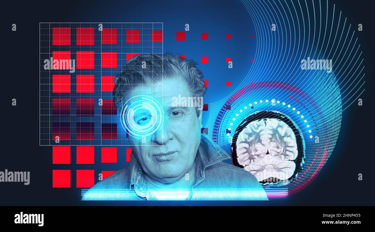 Konzept der künstlichen Intelligenz. Kopf, Gesicht mit kybernetischem digitalem Gehirn, neuronale Netzverbindung zur virtuellen Schnittstelle. Stockfoto