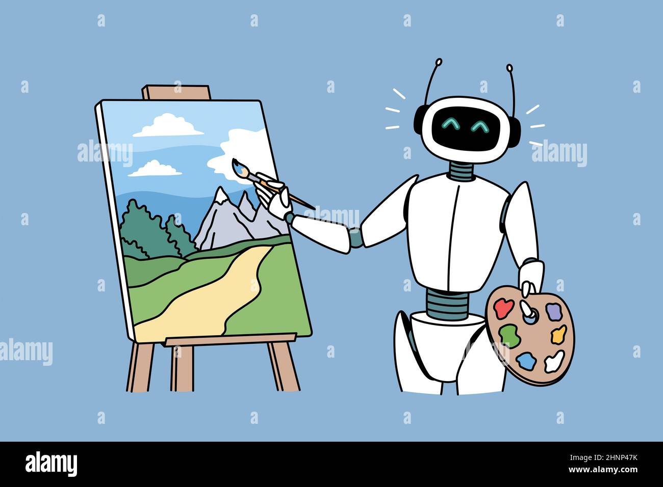 Robotertechnologien in Hobbys Konzept. Positive Roboter stehen und zeichnen Kunstwerk Bild Landschaft mit Pinsel Vektor Illustration Stockfoto