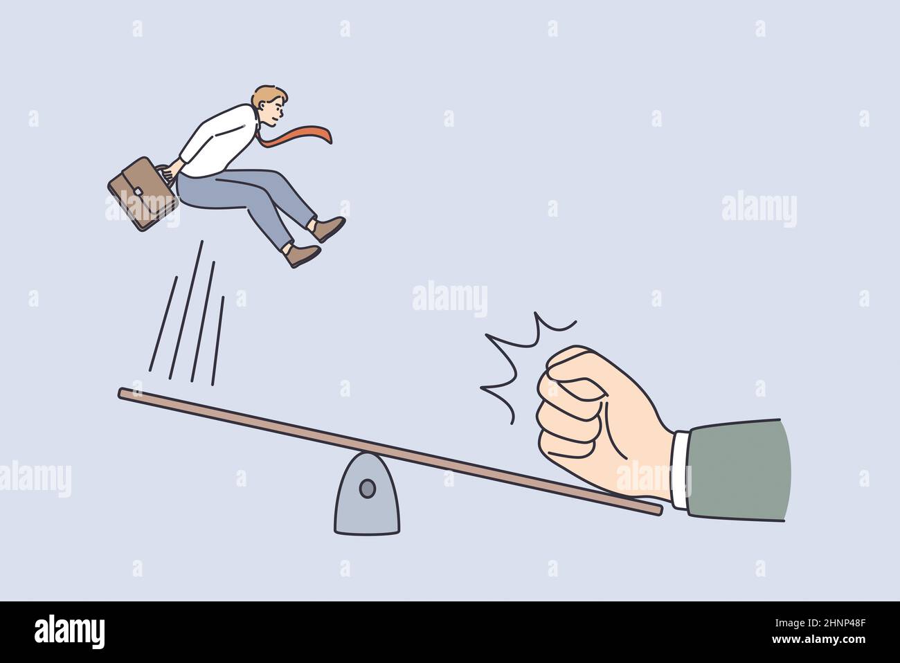 Tolles Start- und Innovationskonzept. Junger lächelnder Geschäftsmann, der aus dem Swing springt, mit menschlicher Hand, die Druck von einer anderen Seite macht, Vektor-Illustration Stockfoto