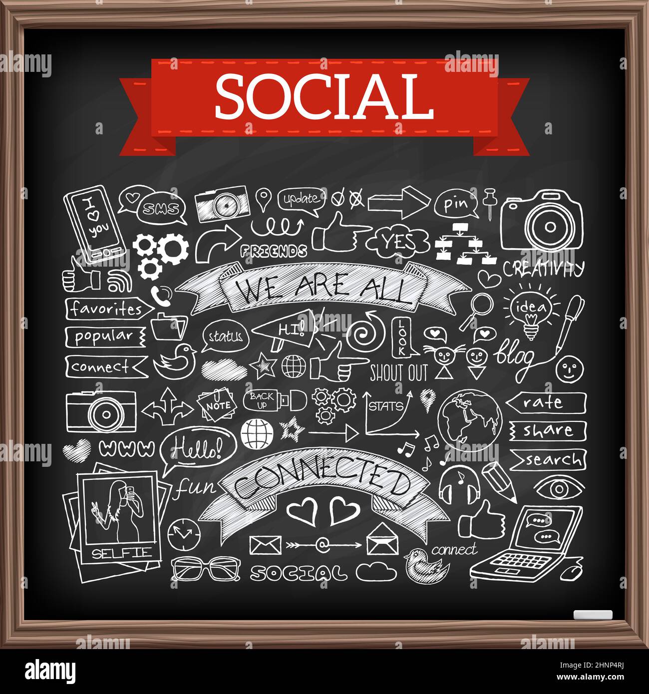 Doodle social Media-Symbole-set mit Tafel-Effekt Stockfoto