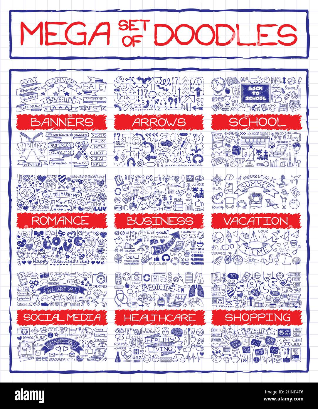 Mega-Set von Doodle-Symbolen Stockfoto