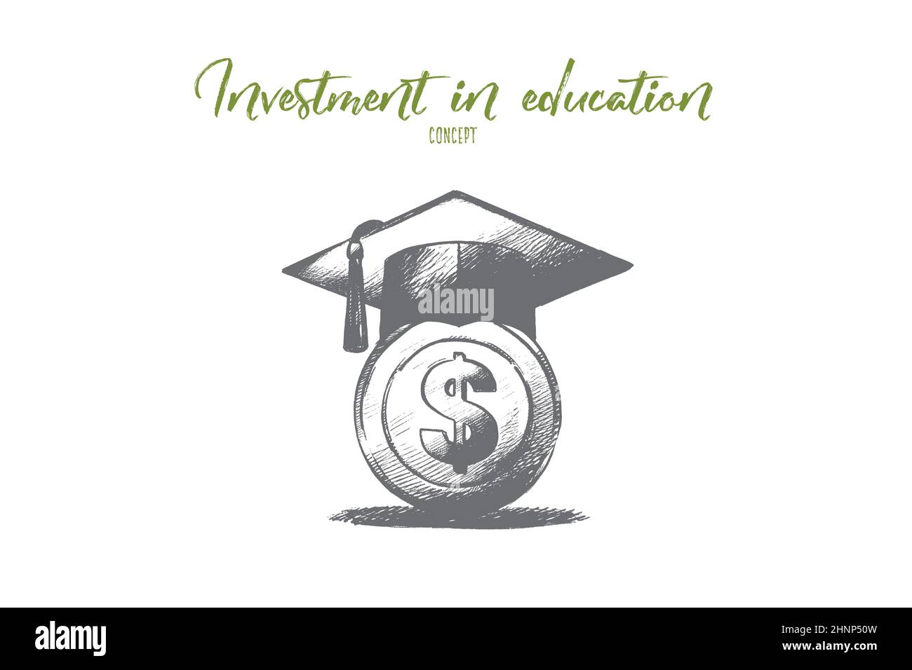 Investition in Bildungskonzept. Handgezeichneter Abschlusshut mit auf Geld. Einsparung für höhere Bildung isolierte Vektor-Illustration. Stockfoto