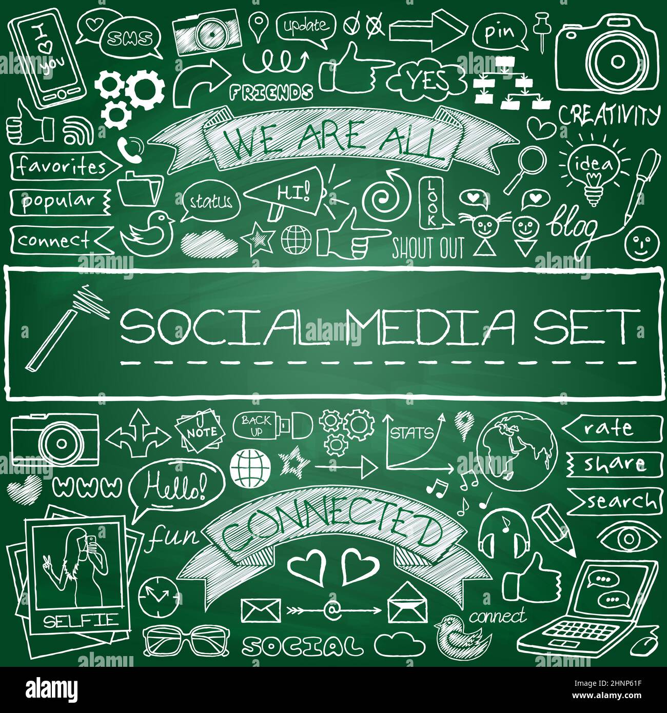 Doodle social Media-Symbole-set mit Tafel-Effekt Stockfoto