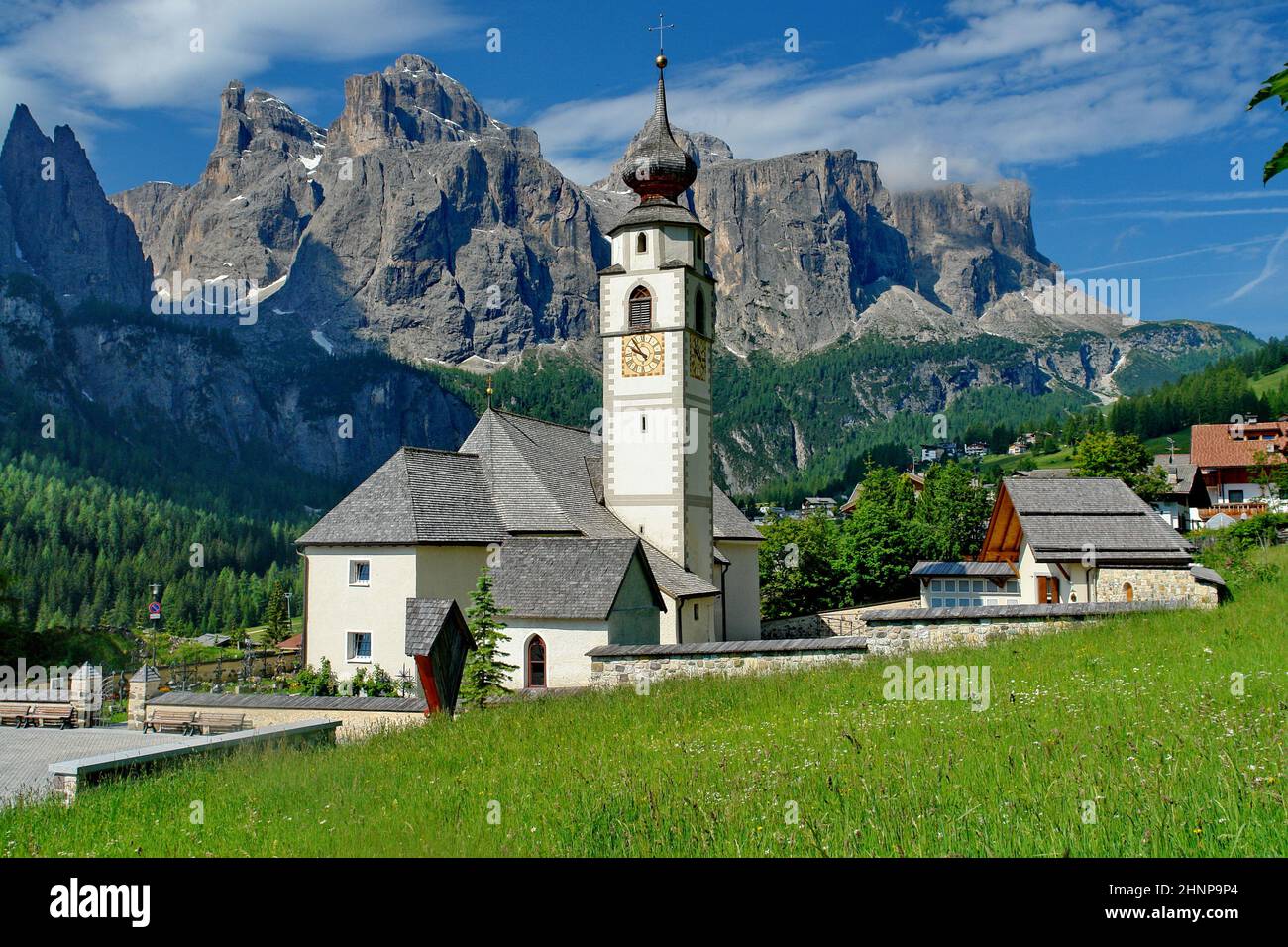 Italien, Südtirol, dolomiten, Alta Badia, Kolfuschg, Pfarrkirche St. Vigilius, Sellastock, Ausflug Stockfoto
