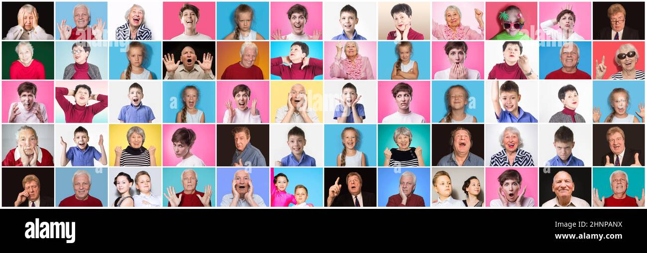 Verschiedene Menschen mit unterschiedlichen Emotionen. Collage aus verschiedenen multiethnischen und gemischten Altersgruppen Stockfoto