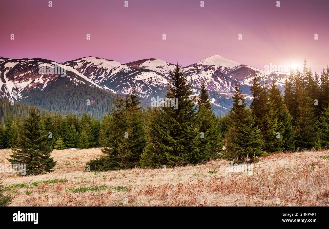 Fantastische morgendliche Berglandschaft. Farbenfroher Himmel. Karpaten, Ukraine, Europa. Beauty-Welt. Stockfoto