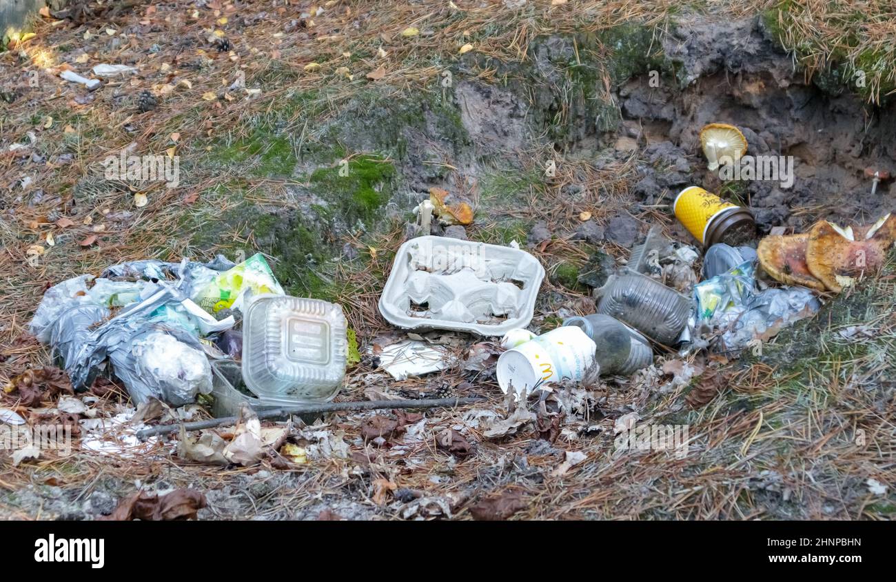 Müllhalde im Wald, Verschmutzung der Natur. Menschen warfen illegal Müll in den Wald. Das Konzept von Mensch und Natur. Schmutzige Umgebung, die Müll in der Nähe des Wanderweges im Wald verschmutzt. Stockfoto