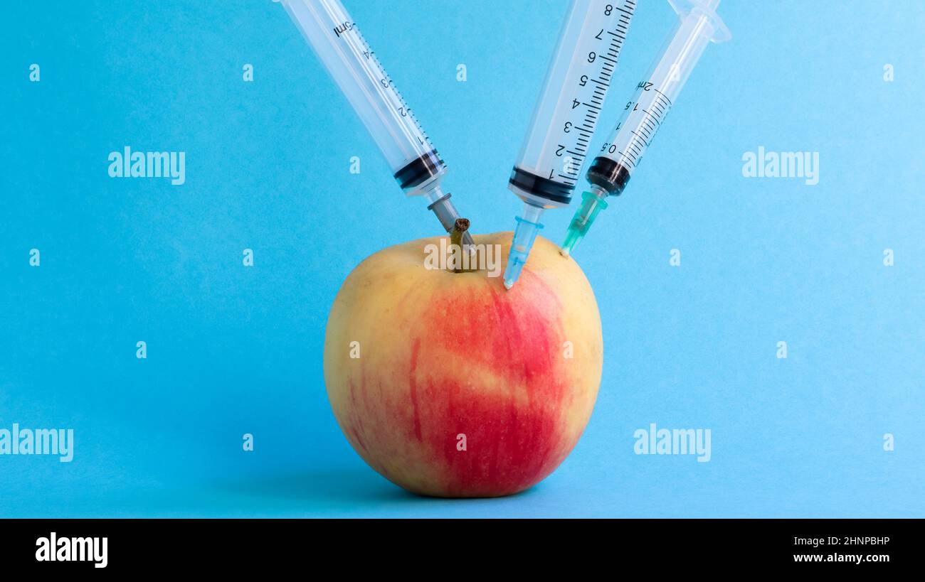 Drei verschiedene medizinische Spritzen, die auf blauem Grund tief in einen Apfel stecken. Die Frucht ist mit Spritzen bestreut. Ein reifer roter Apfel, von allen Seiten von Spritzen durchbohrt. Gesundheitswesen oder Kosmetologie. Stockfoto