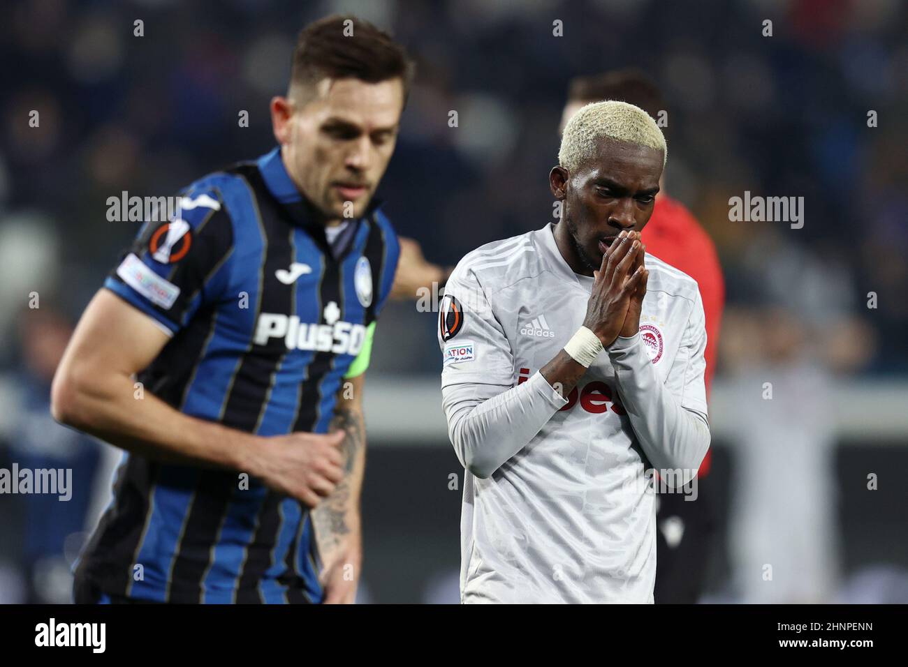 Gewiss Stadium, Bergamo, Italien, 17. Februar 2022, Henry Onyekuru (Olympiakos FC) reagiert während des Spiels Atalanta BC gegen Olympiakos - Fußball Europa League Stockfoto