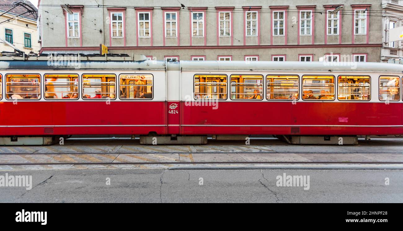 Die historische Straßenbahn fährt am späten Nachmittag in Wien Stockfoto