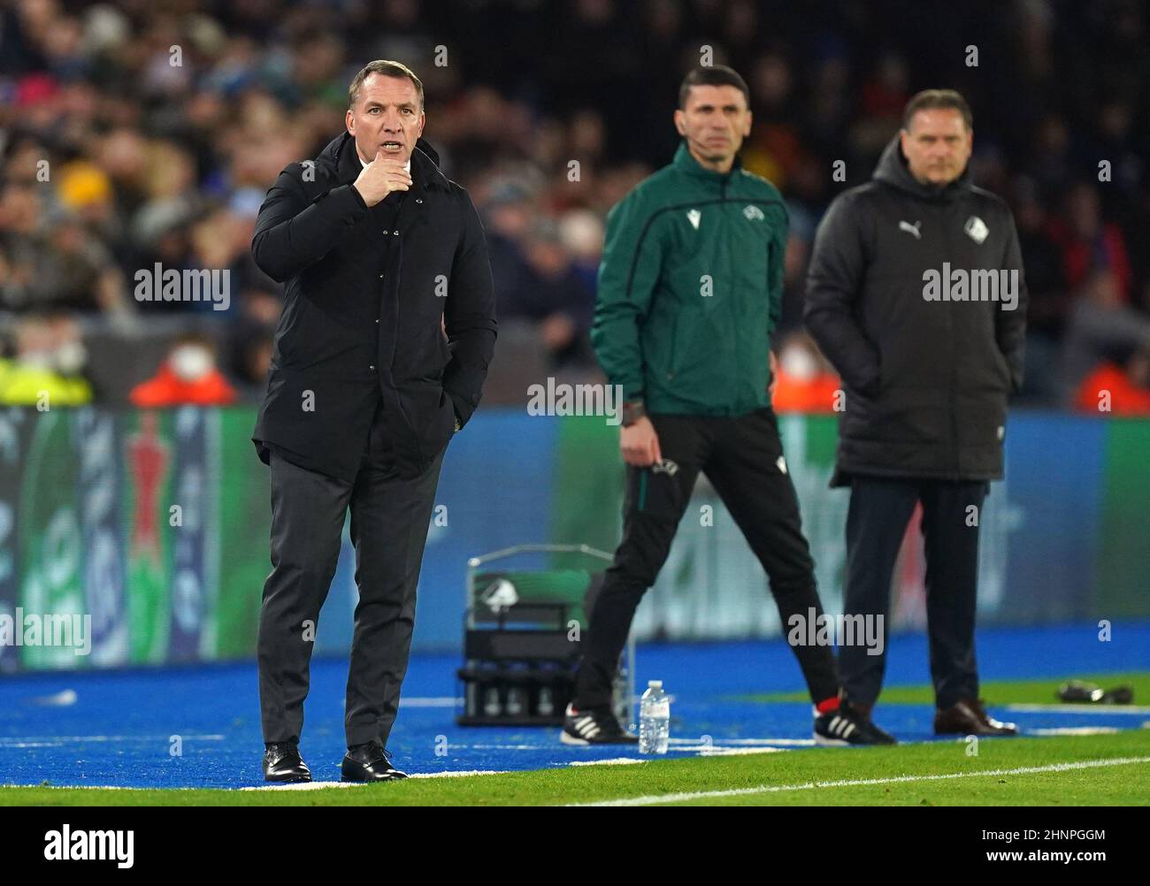 Brendan Rodgers, Leicester City Manager, steht während des UEFA Europa Conference League Playoff 1st Leg im King Power Stadium, Leicester, auf der Touchline. Bilddatum: Donnerstag, 17. Februar 2022. Stockfoto