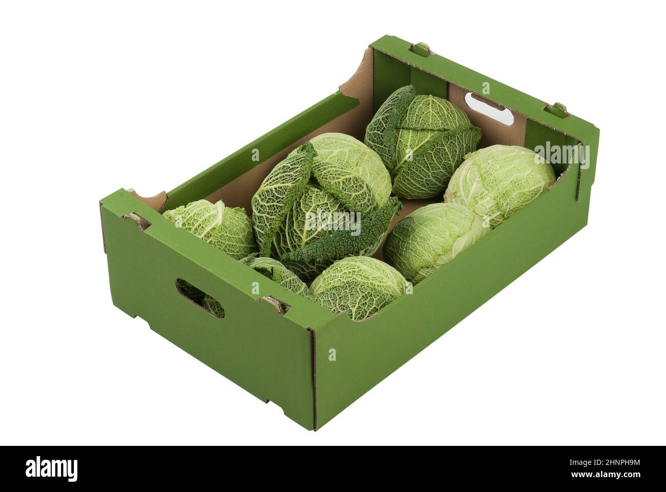 Box mit frischen kales isoliert auf weißem Hintergrund Stockfoto